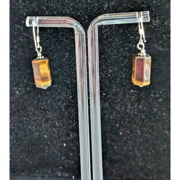 Tigers Eye Sterling Silver 925 Earrings hexagon Beads Dangle Natural Stone Hook - Picture 2 of 5
